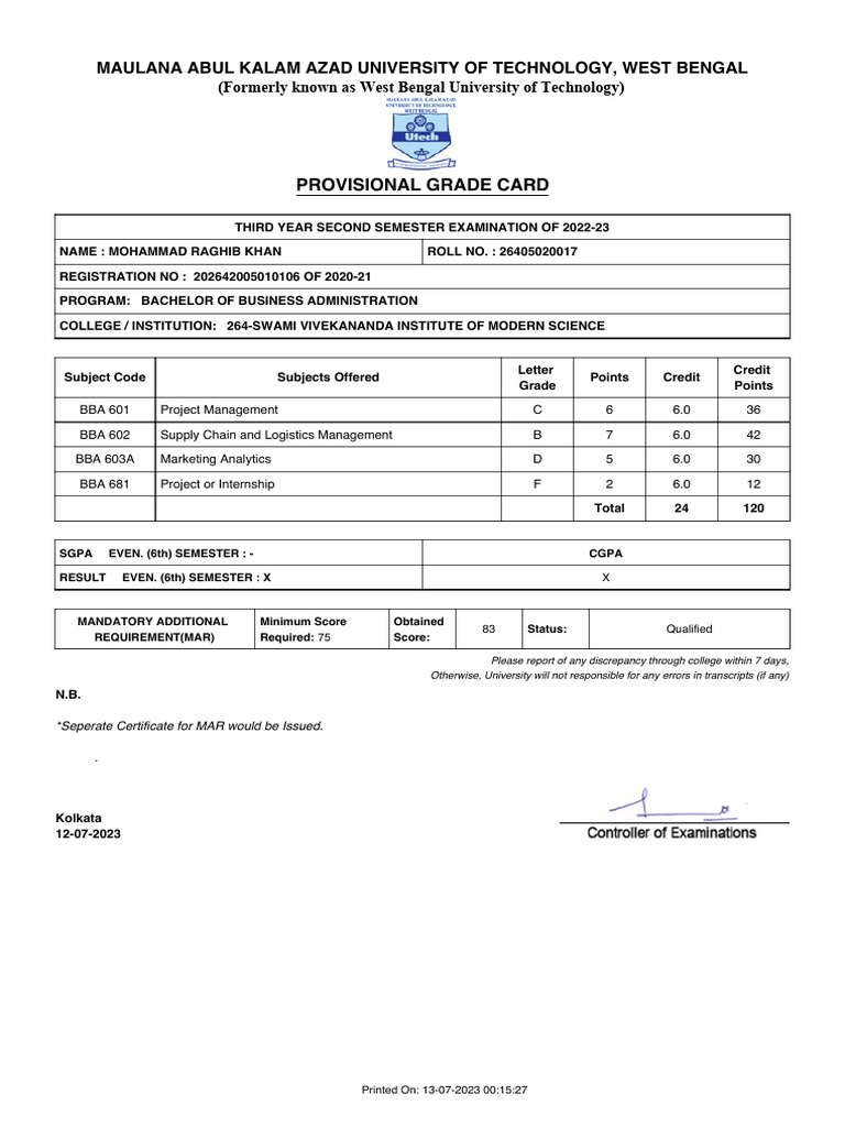 Provisional Grade Card: Maulana Abul Kalam Azad University of ...