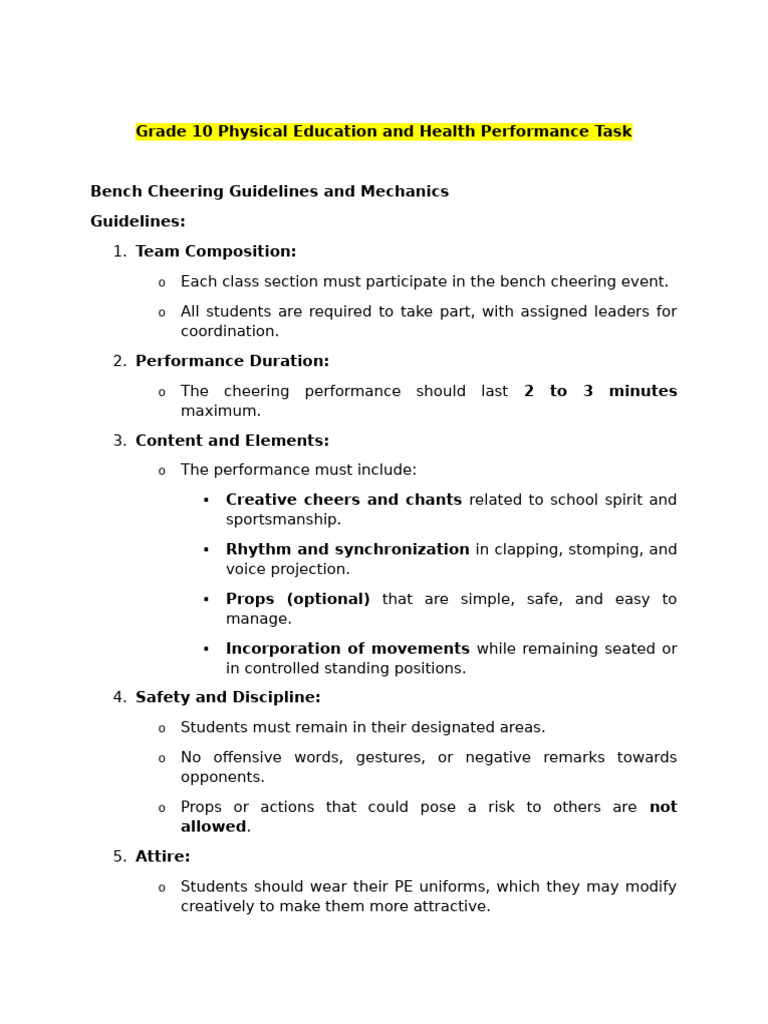 Grade 10 Bench Cheering Guidelines | PDF
