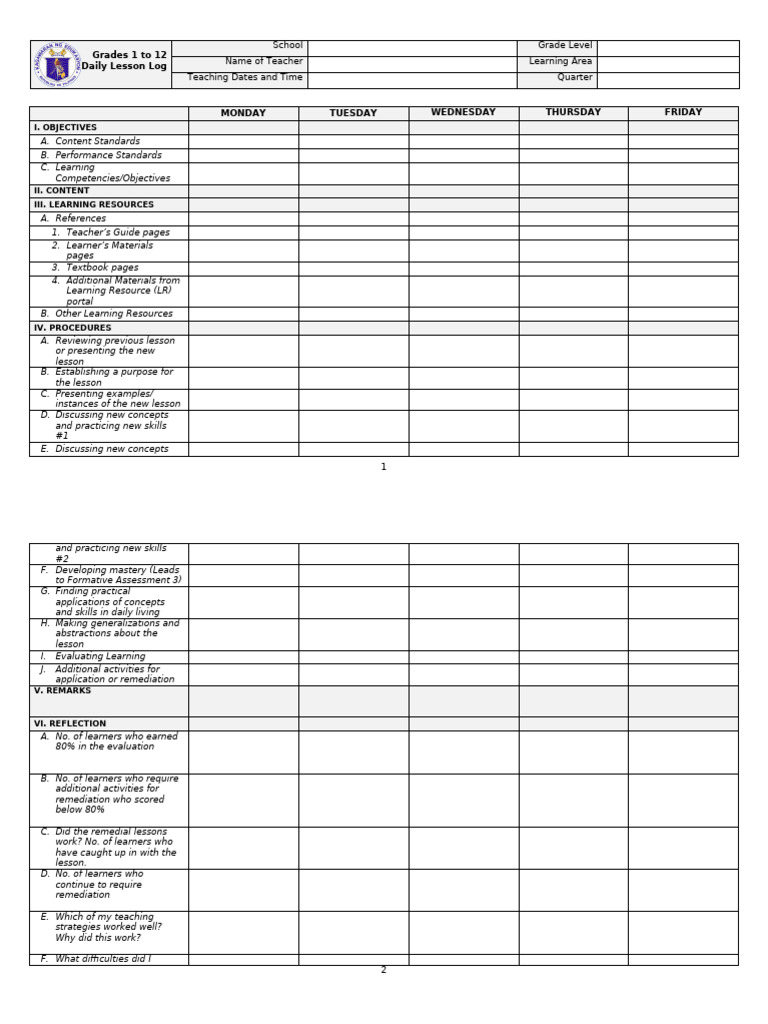 Daily Lesson Log Template for Grades 1-12 | PDF