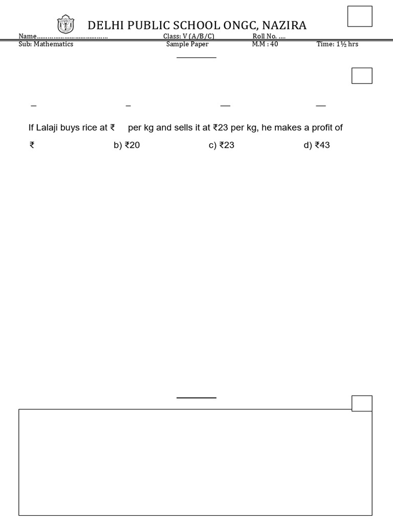 Class V Mathematics Sample Paper | PDF | Geometry | Euclidean Geometry