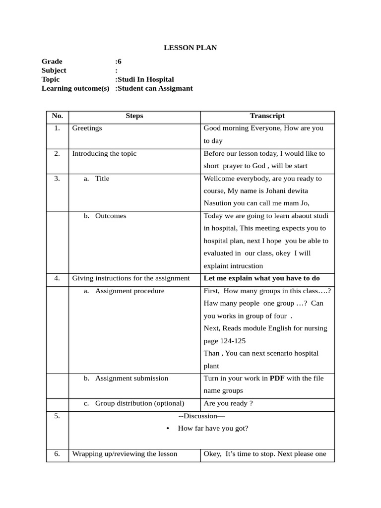 Hospital Study Lesson Plan for Grade 6 | PDF | Learning | Education Theory