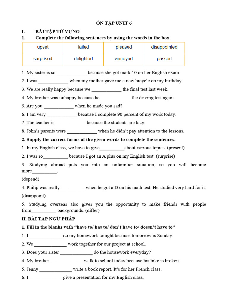 Vocabulary and Grammar Exercises for Unit 6 | PDF