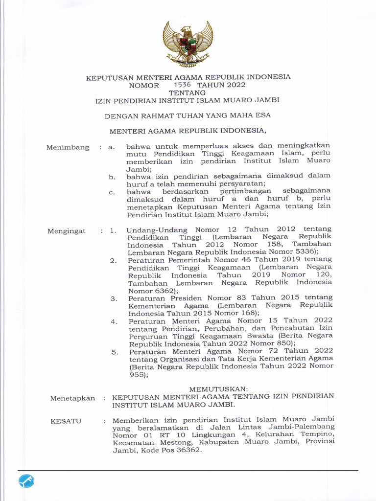 KMA No. 1536 TTG Pendirian INISMA Jambi | PDF