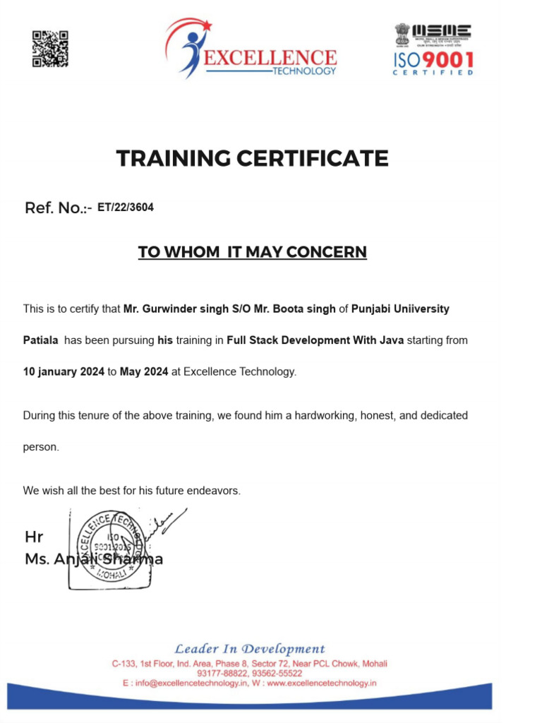Full Stack Development Training Certificate | PDF