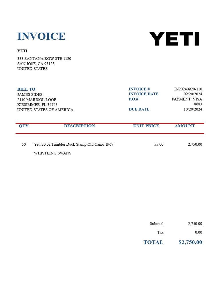 YETI Invoice for Tumbler Purchase | PDF