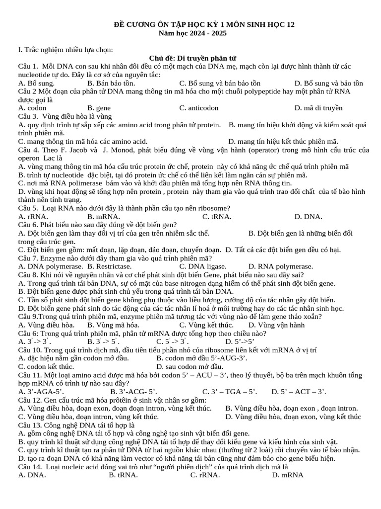 De Cuong On TapHK1 Sinh 12 KNTT 24 25 | PDF