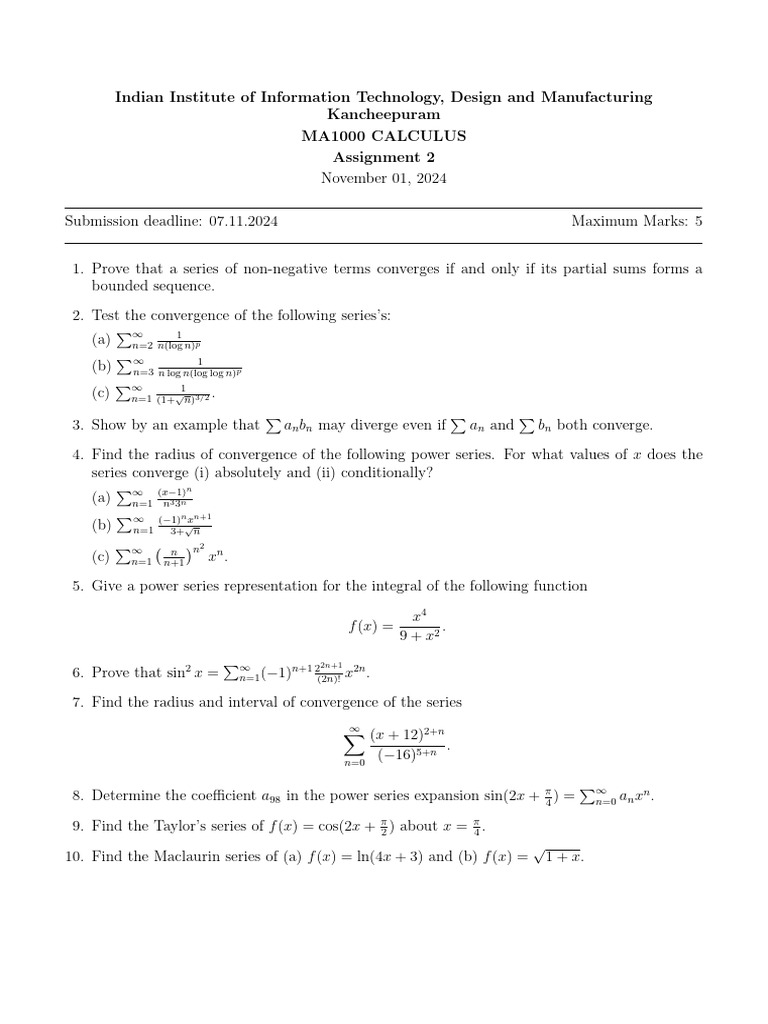 Calculus Assignment on Series Convergence | PDF