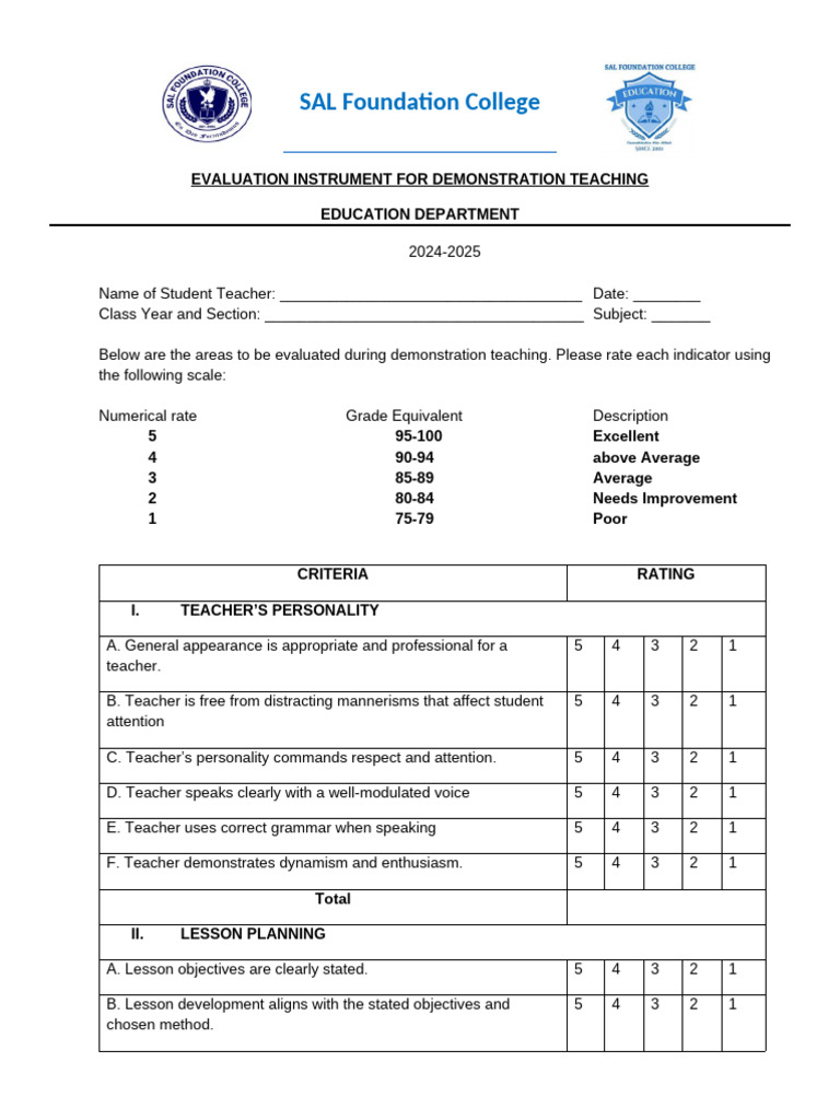 DEMO TEACHING EVALUATION FORM Updated | PDF | Teachers | Teaching Method