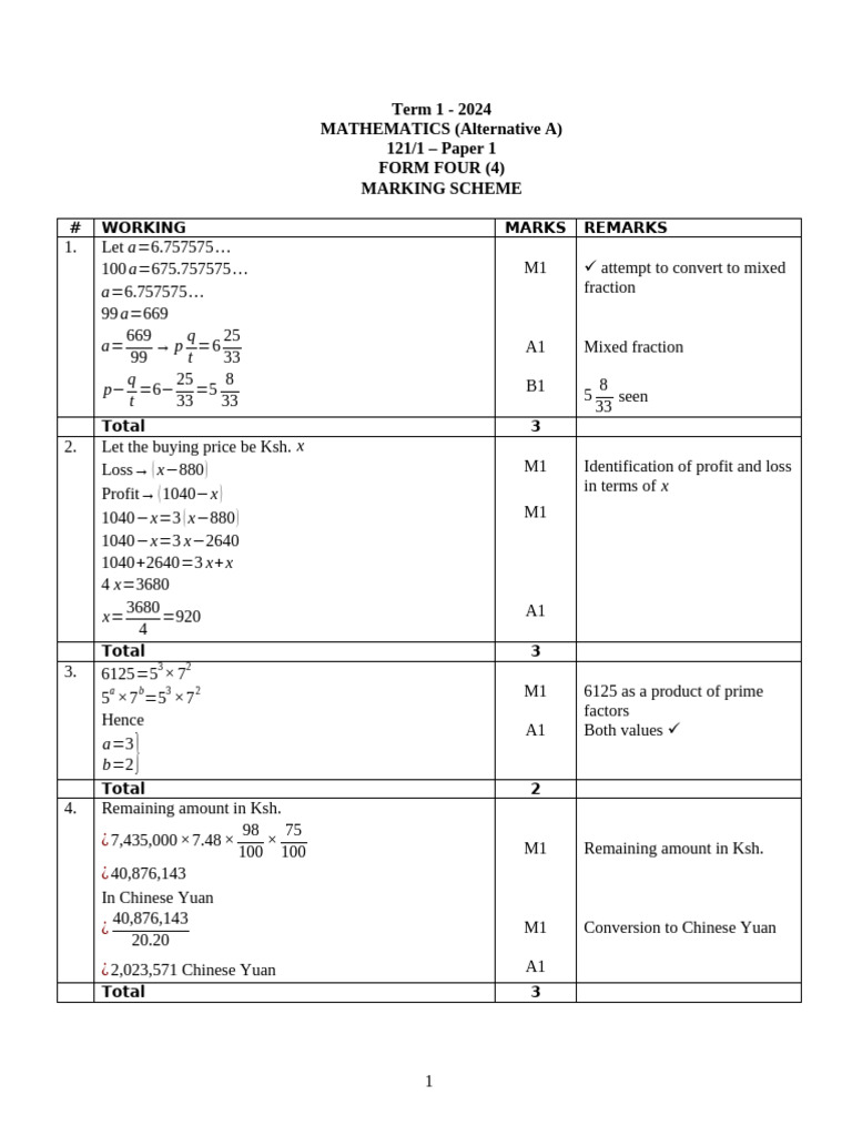 Form 4 Mathematics Exam Marking Scheme | PDF | Numbers | Elementary ...
