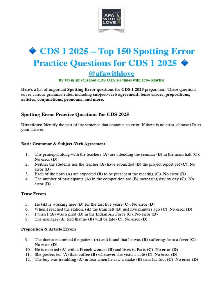 CDS 2025 Spotting Error Practice Guide | PDF | Verb | Grammatical Number