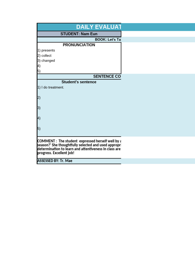 Daily Evaluation Report for Nam Eun | PDF | Vocabulary | Conversation
