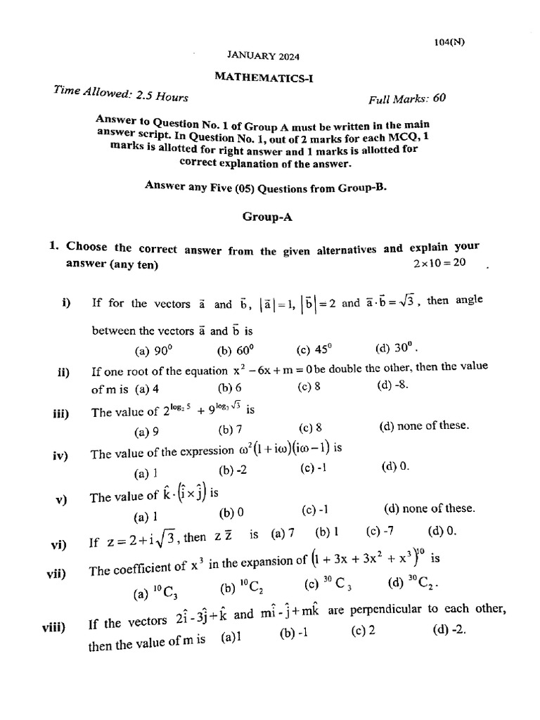 Diploma 1 Sem Mathematics 1 104 N Jan 2024 Pdf