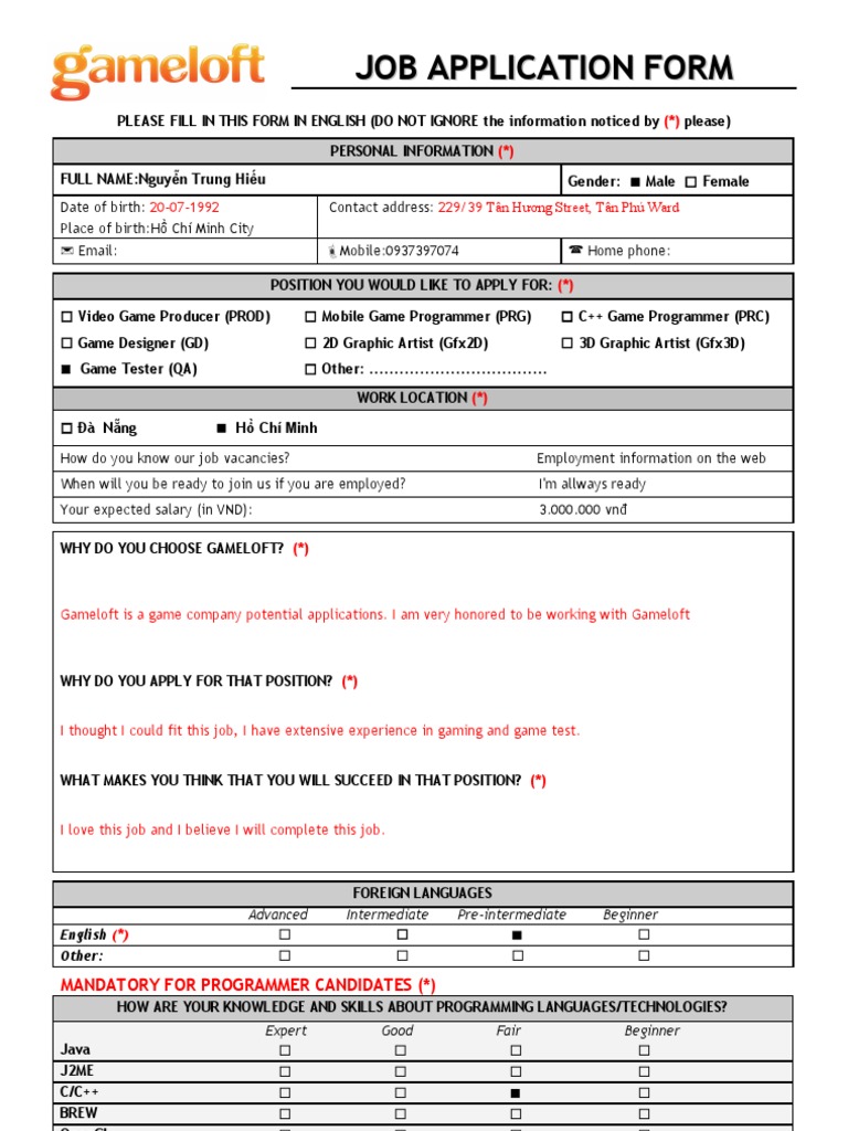 Gameloft Job Application Form | PDF | Video Games | Programmer