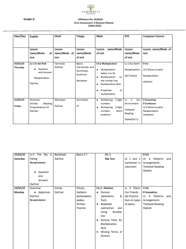 Grade II Term Assessment II Revision Planner | PDF | Linguistic ...