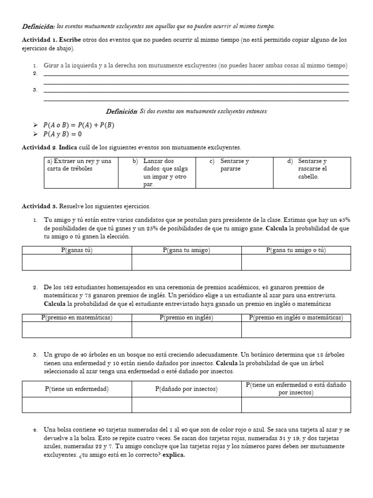 Eventos Mutuamente Excluyentes y Ejercicios | PDF | Probabilidad