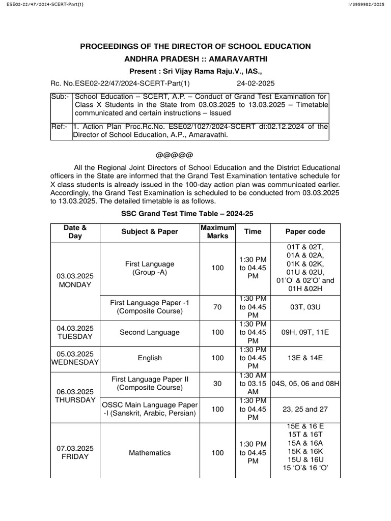AP 10th Grand Test Timetable 2025 | PDF