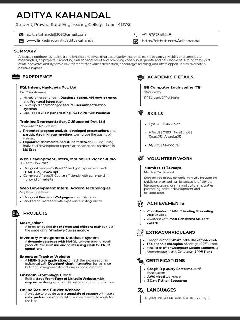 Aditya Kahandal: Engineering Student Profile | PDF | Web Development ...
