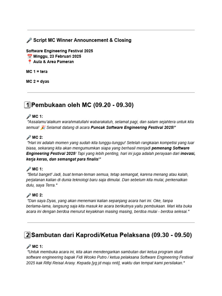 Skrip Pengumuman Pemenang SEF 2025 | PDF