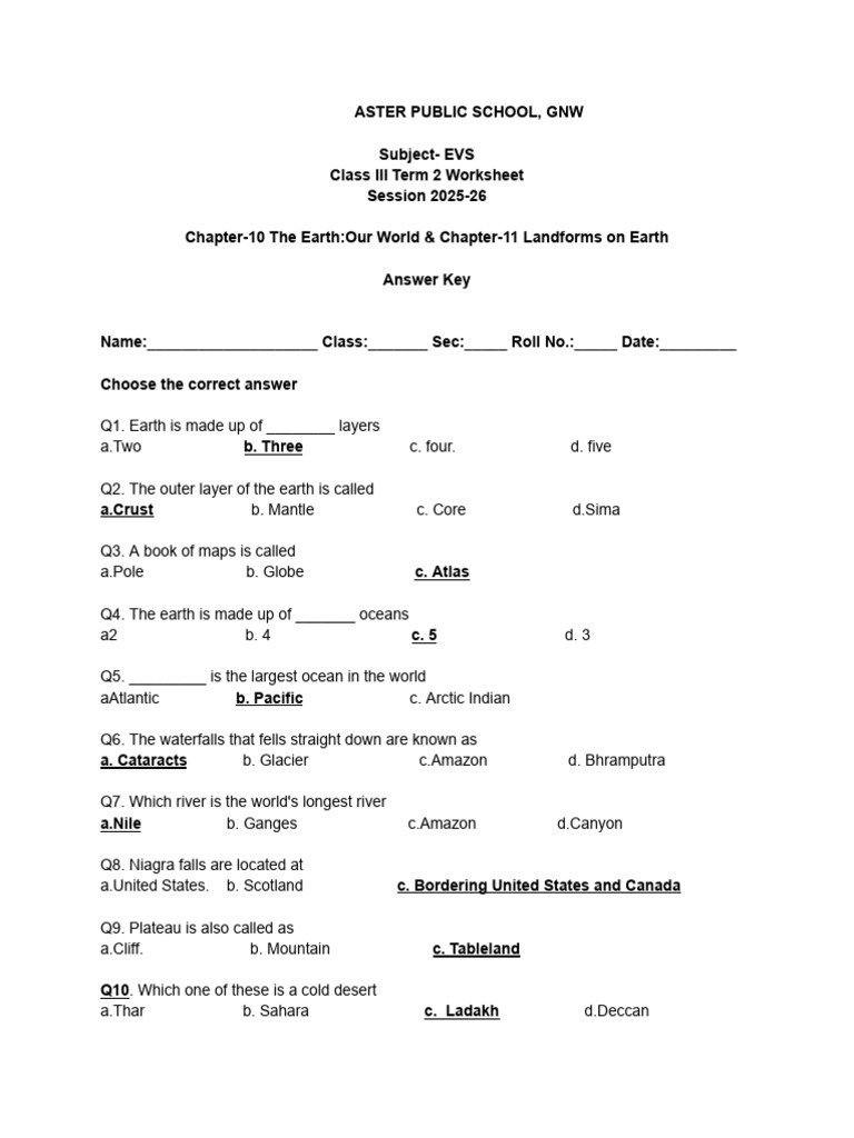 Class III EVS Earth & Landforms Worksheet | PDF | Plateau | Earth