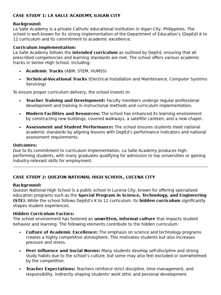 Curriculum Case Studies in Philippine Schools | PDF | Curriculum ...