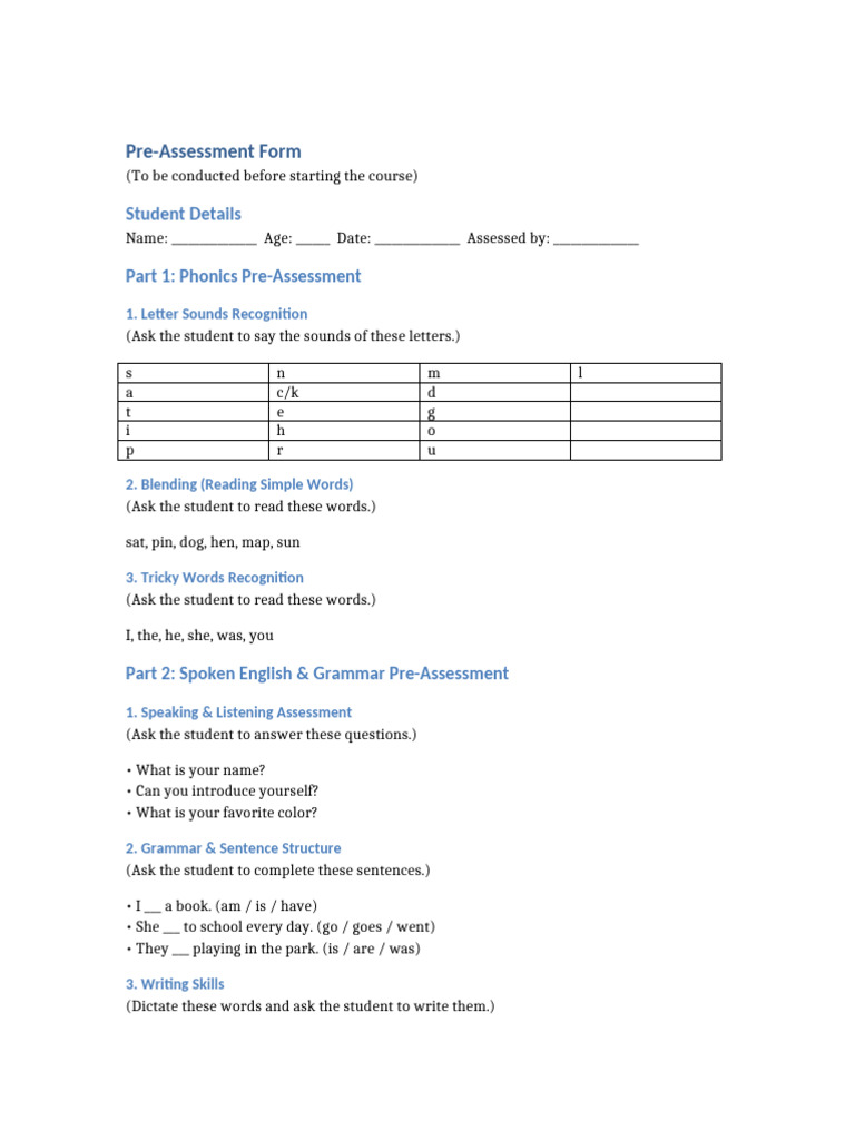Pre Assessment Form | PDF