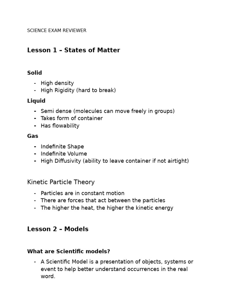 Science Exam Reviewer: States & Models | PDF | Liquids | Heat