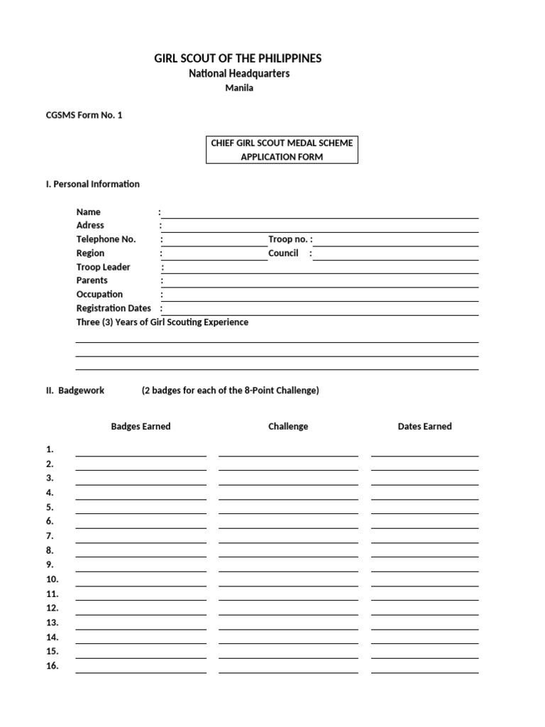 Chief Girl Scout Medal Application Form | PDF