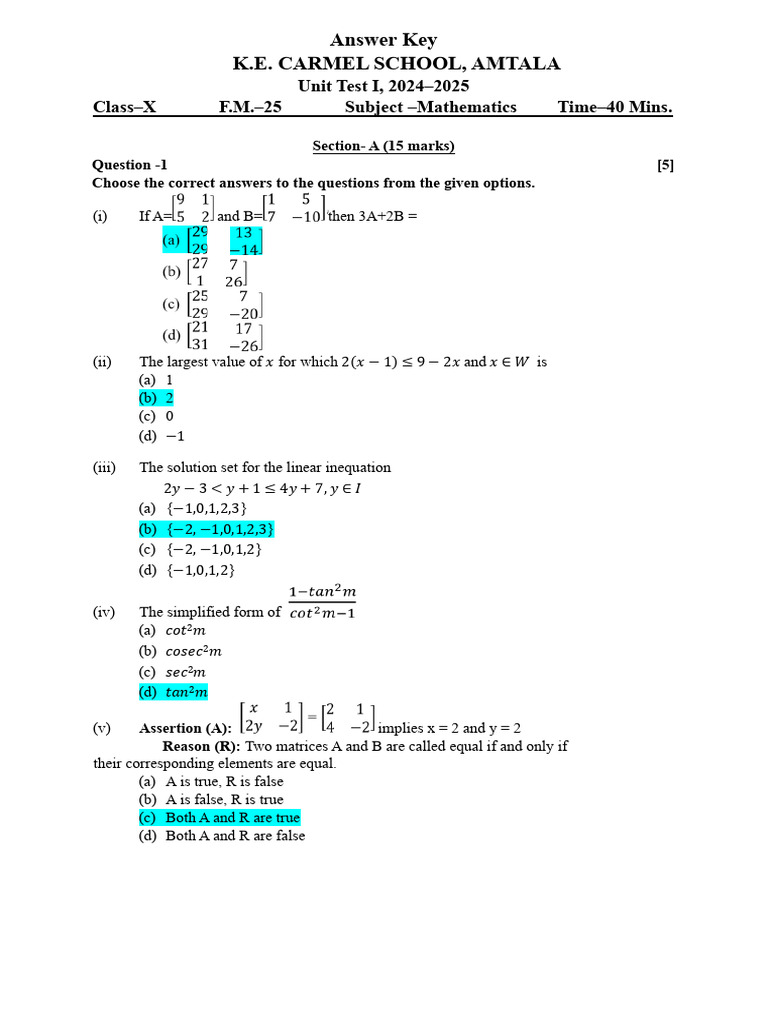 Class X Math Unit Test Answer Key | PDF | Mathematics