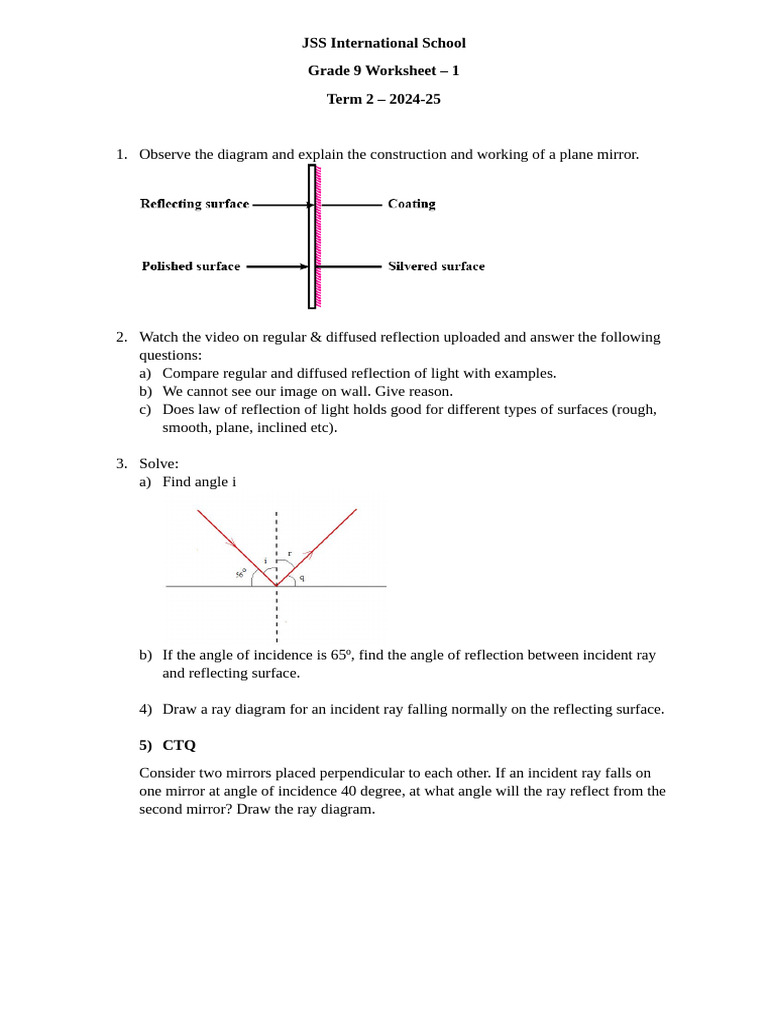 Grade 9 Reflection of Light Worksheet | PDF