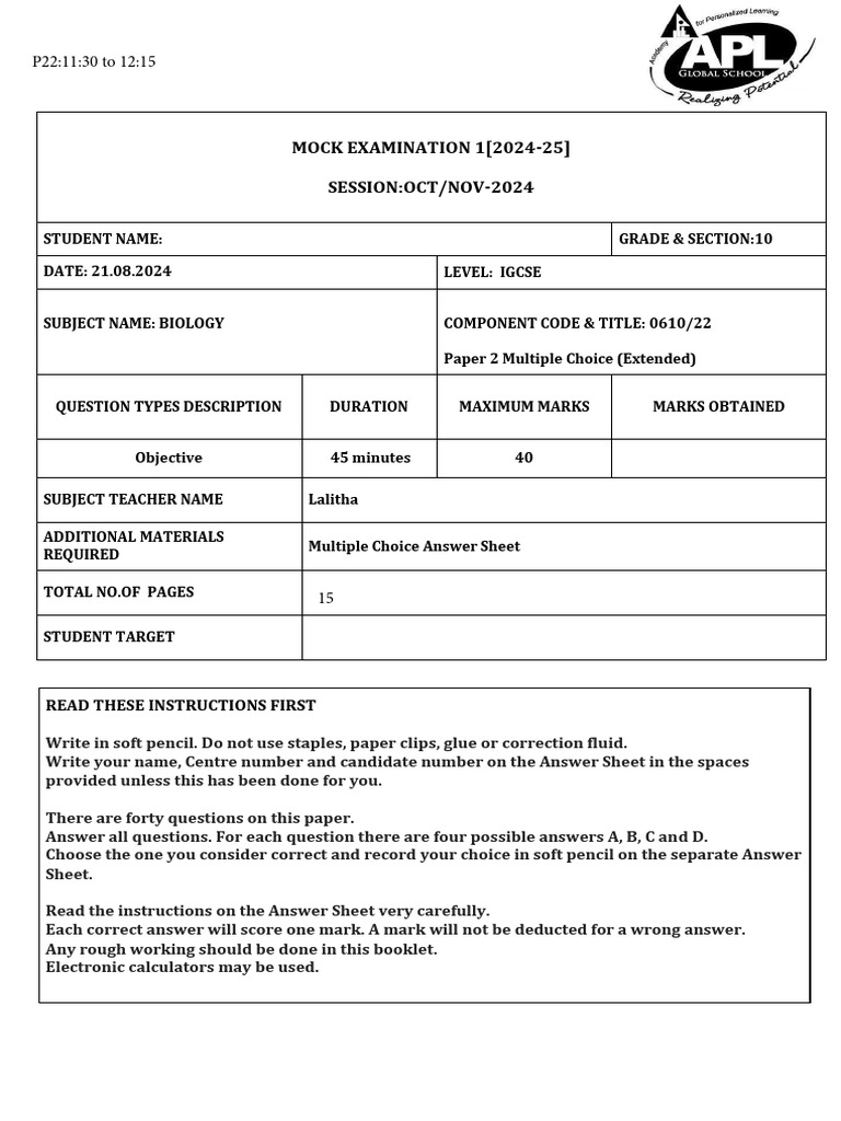 IGCSE Biology Mock Exam Paper 2 | PDF | Zygosity | Vacuole