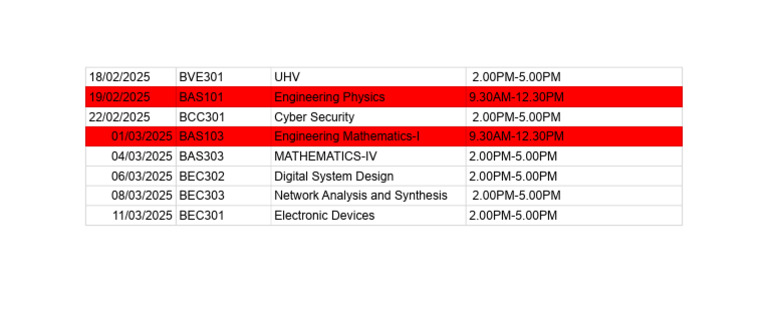 2025 Exam Schedule for Engineering Courses | PDF