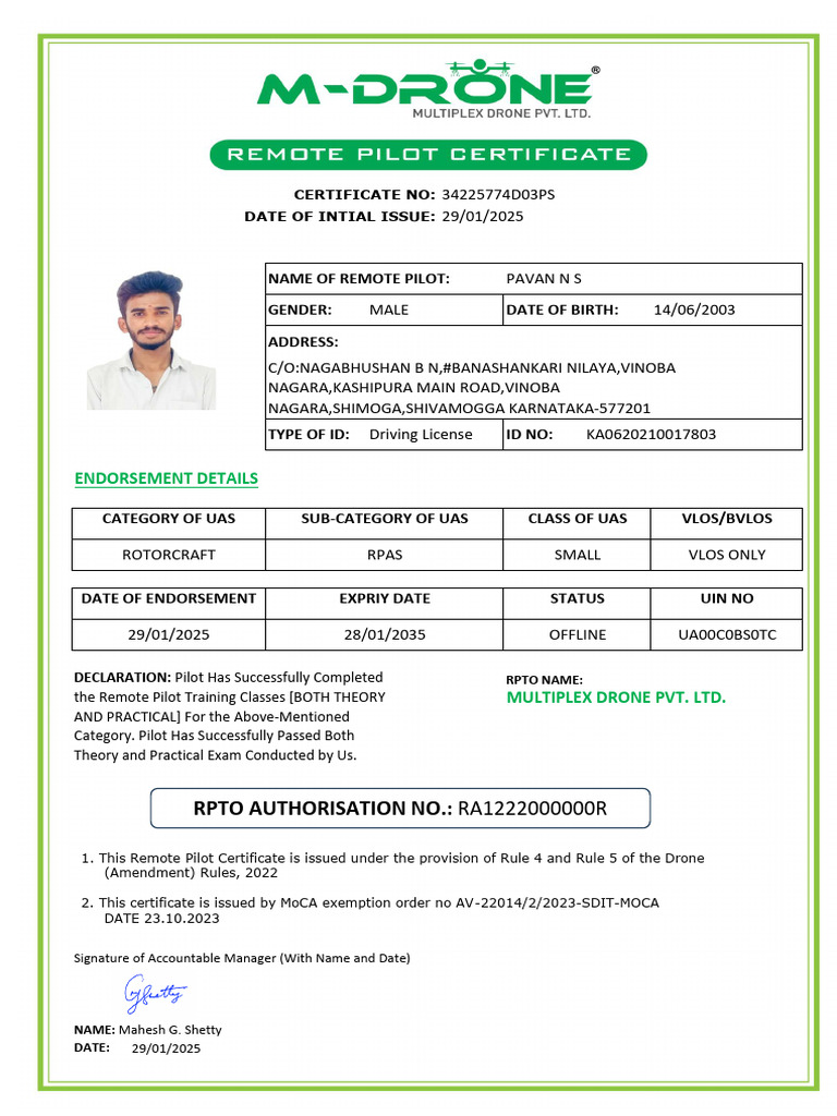 PAVAN N S (Drone Certificate) | PDF