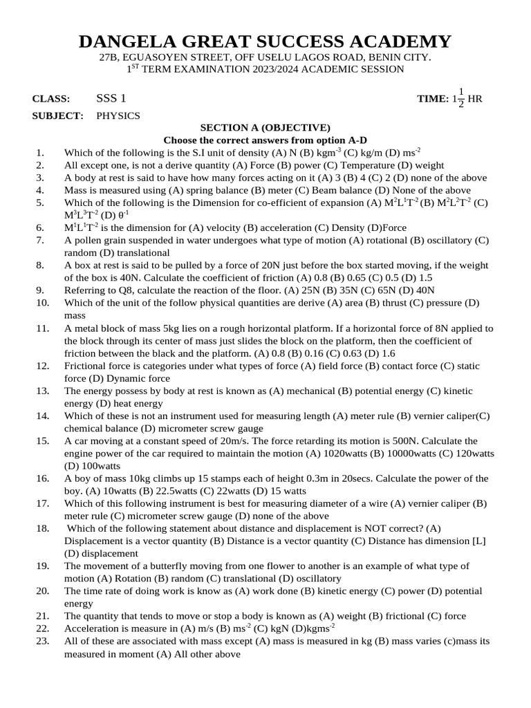 Physics 1st Term Ss1 2 Pdf Force Friction