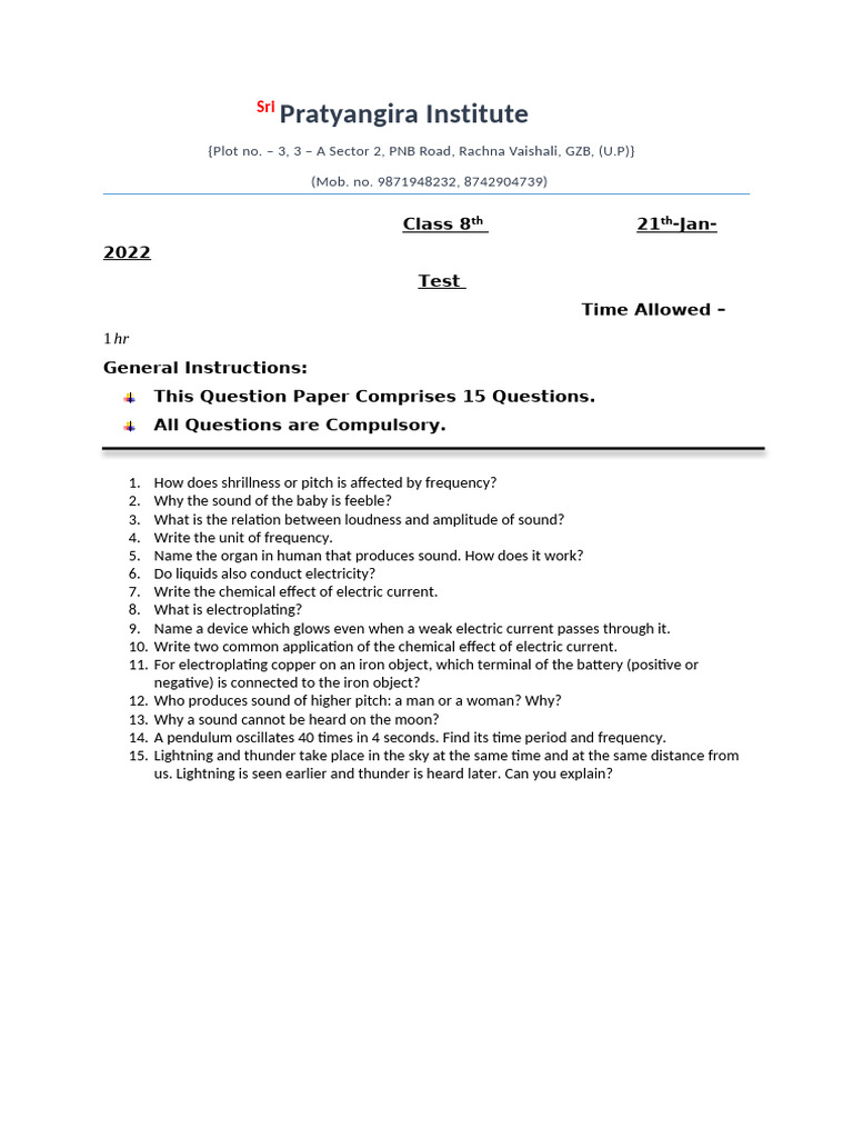 Class 8 Sound And Chemical Test 1 Pdf
