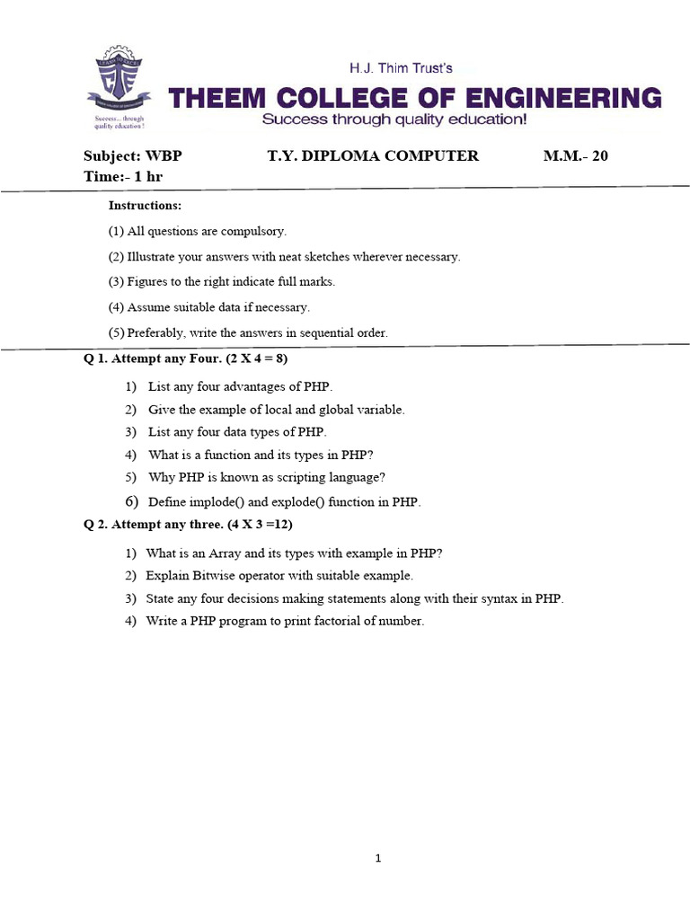 PHP Diploma Exam Questions and Answers | PDF