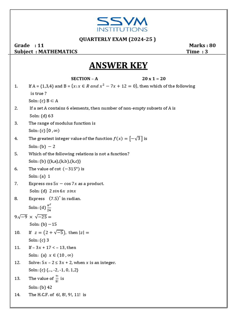G11 Maths - QP and Ak - Quarterly - Set 11737654419394 | PDF | Function ...