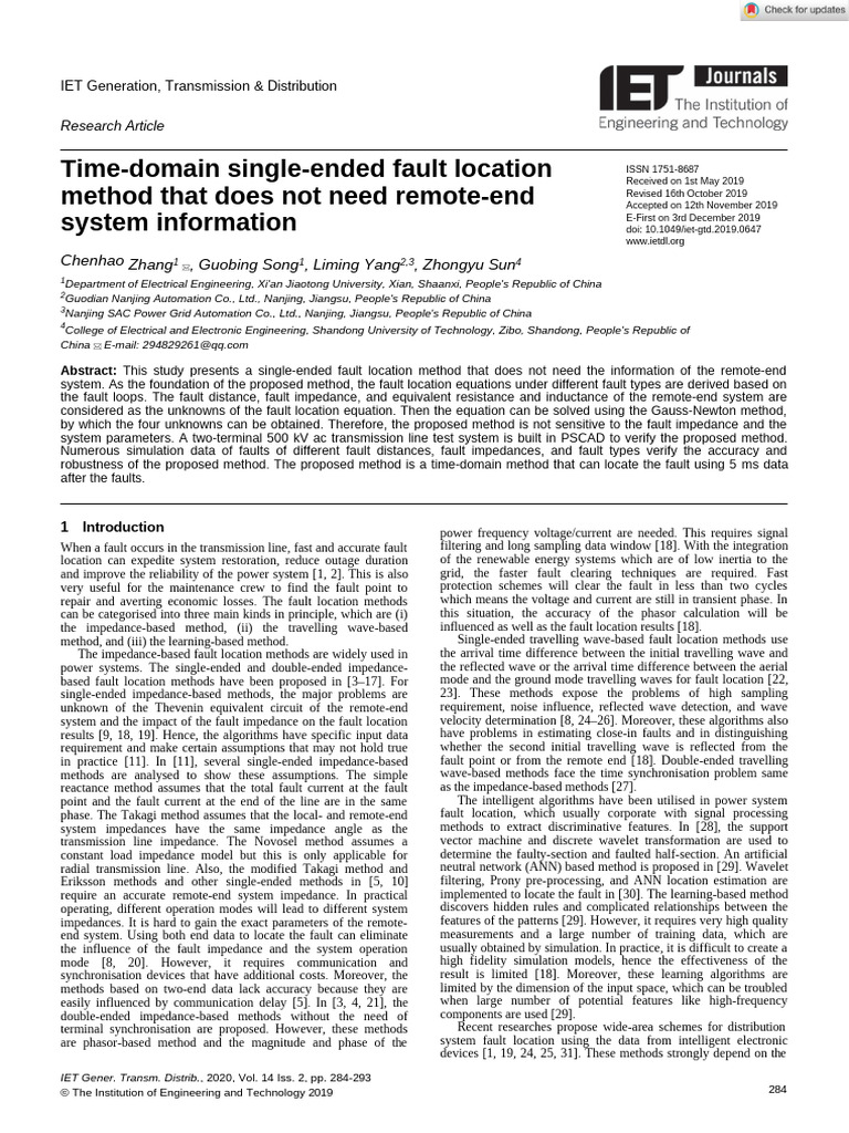 Time Domain Single Ended Fault Location Method That Does Not Need ...