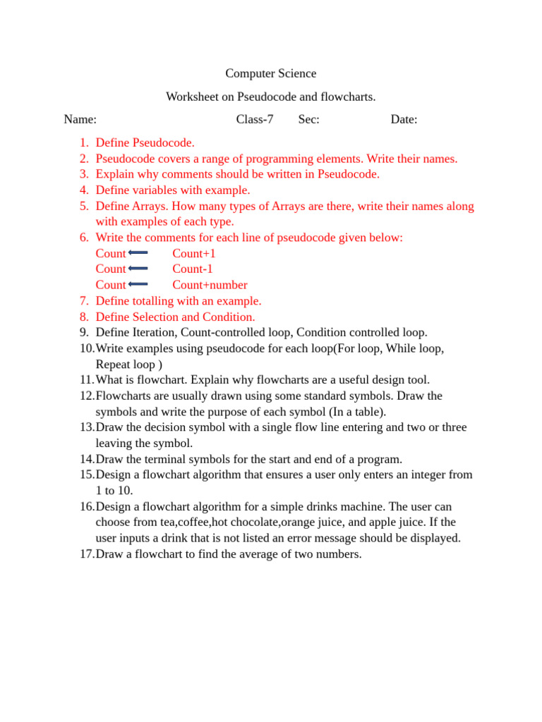WORKSHEET On Pseudocode and Flowcharts | PDF