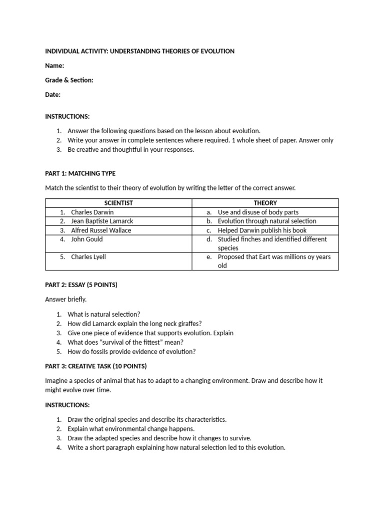 Theories of Evolution: Activity Guide | PDF
