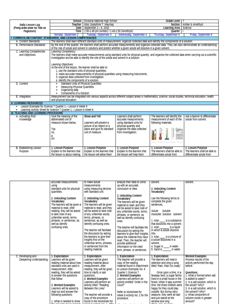 Science 7 September 2 - 6, 2024 | PDF | Educational Assessment | Learning