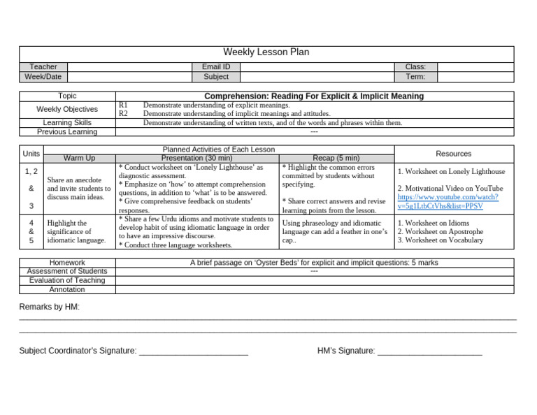 O Level English Lesson Plan Explicit Implicit Ideas | PDF | Reading ...