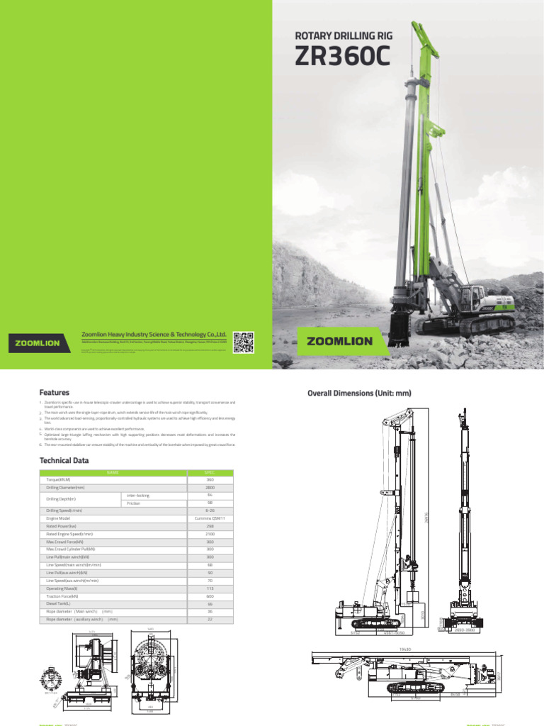 Zoomlion ZR360C Rotary Drilling Rig Specs | PDF | Oil Well | Engines
