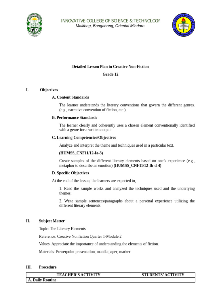Lesson Plan in Creative Fiction Quarter 1 Module 2 | PDF | Narration ...