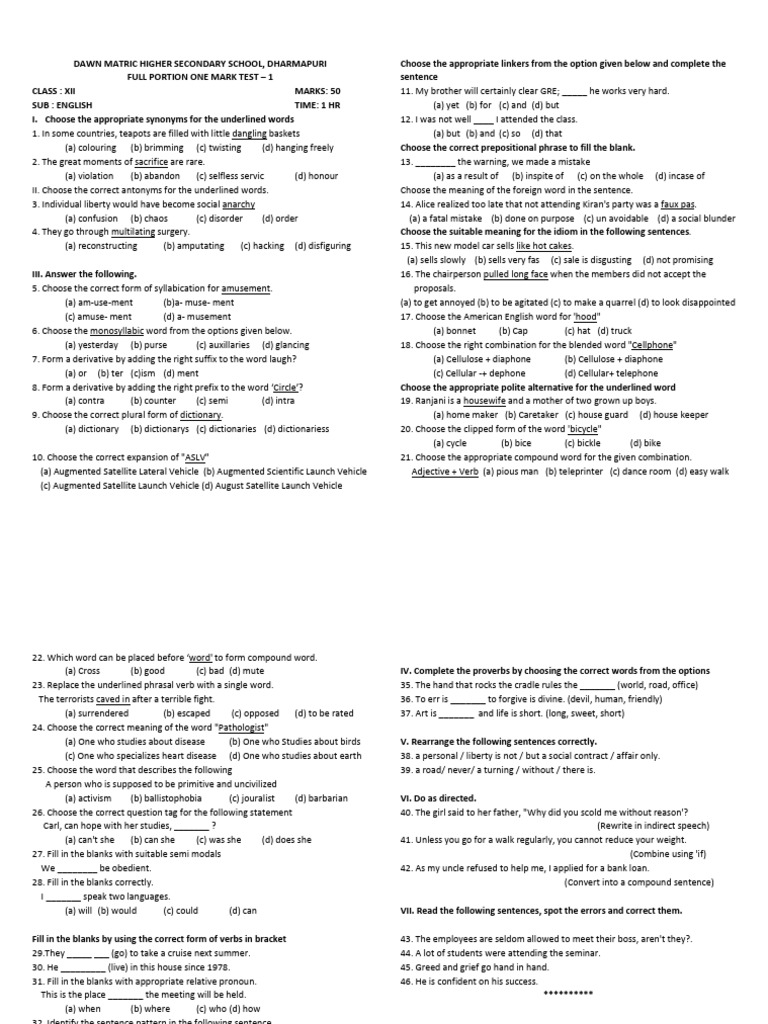 English Language Test for Class XII | PDF | Linguistic Typology ...