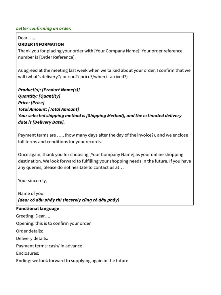 Order Confirmation Letter Template | PDF