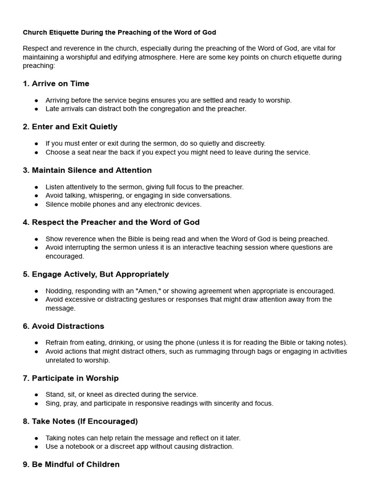 Church Etiquette for Worship Services | PDF | Sermon | Prayer