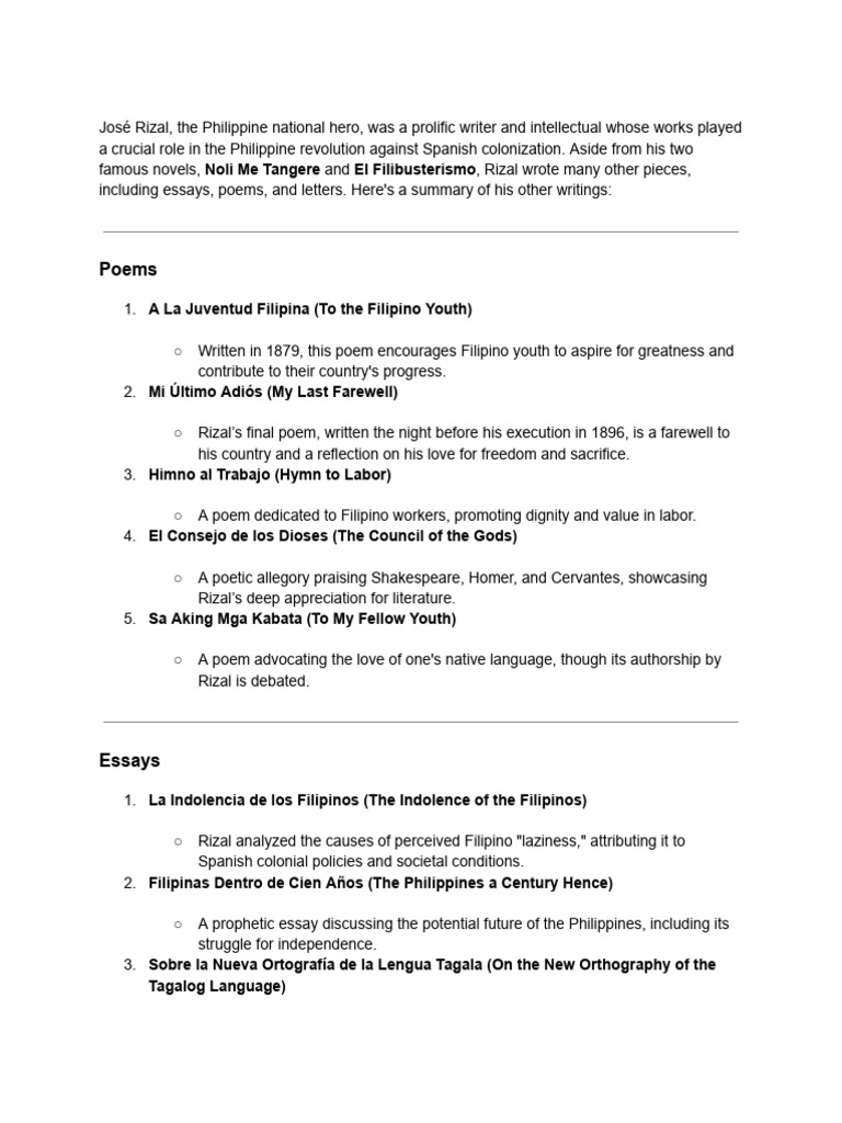Summary of José Rizal's Writings | PDF