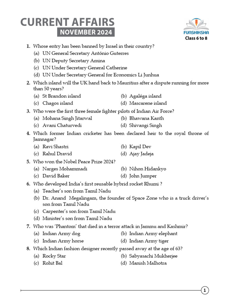 November 2024 Current Affairs Quiz | PDF