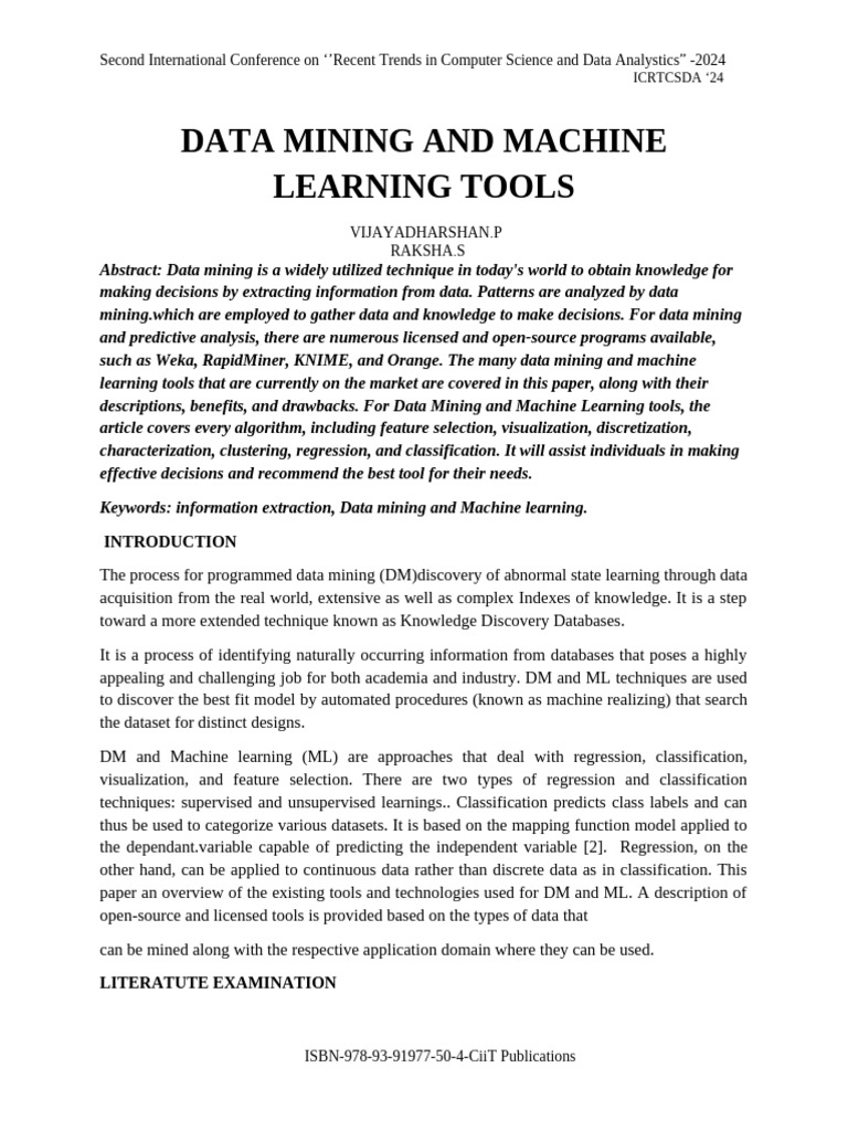 Data Mining and Machine Learning Tools | PDF | Machine Learning | Data ...