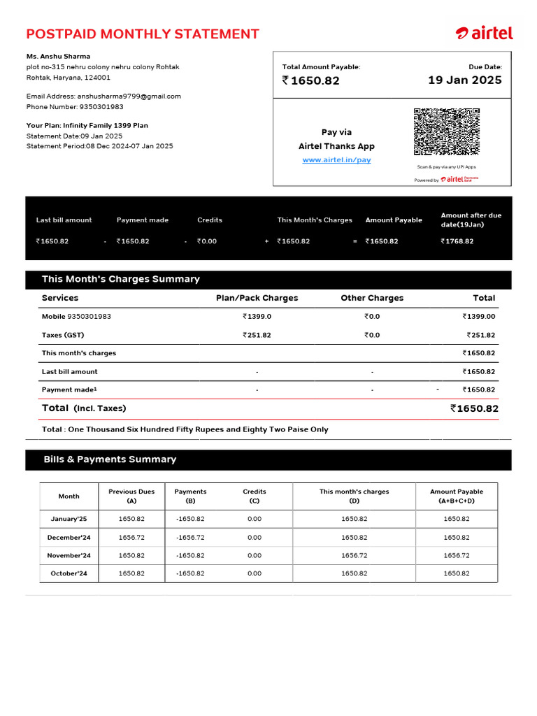 Airtel Postpaid Statement Summary | PDF | Payments | Cheque